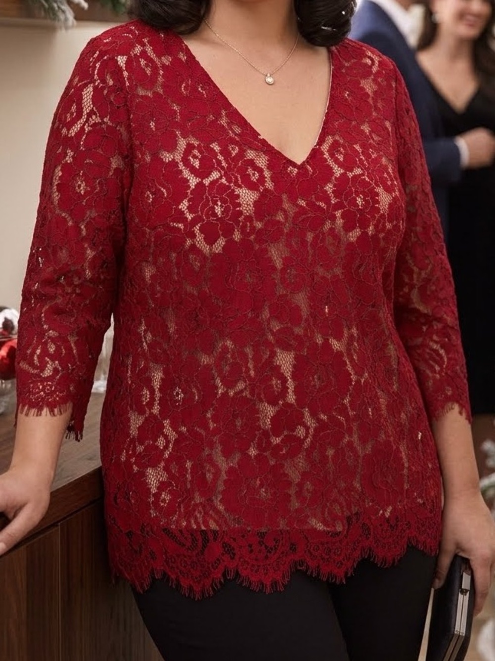 Adiva Scarlet Red Floral Lace V Neck Top XL